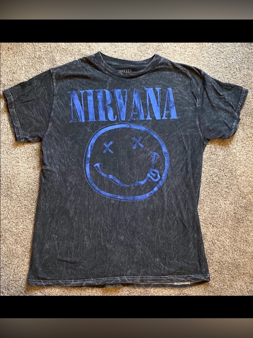 Men’s Nirvana Black and Blue Graphic T-Shirt, size medium.